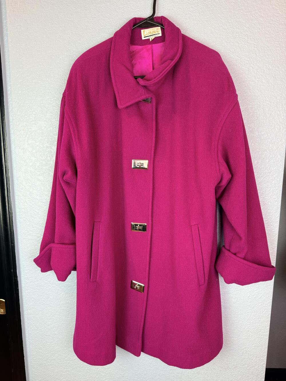 Vintage Lorovi Coat Womens 10 Pink Wool Toggle Mid Length Overcoat Made USA